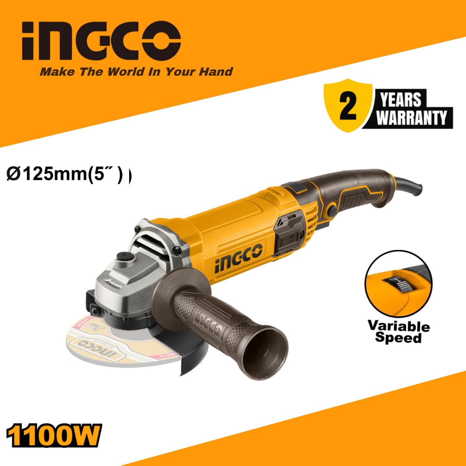 INGCO 1100W Electric Angle Grinder 125mm (AG1100385) with Auxiliary Handle – Cutting & Grinding Tool
