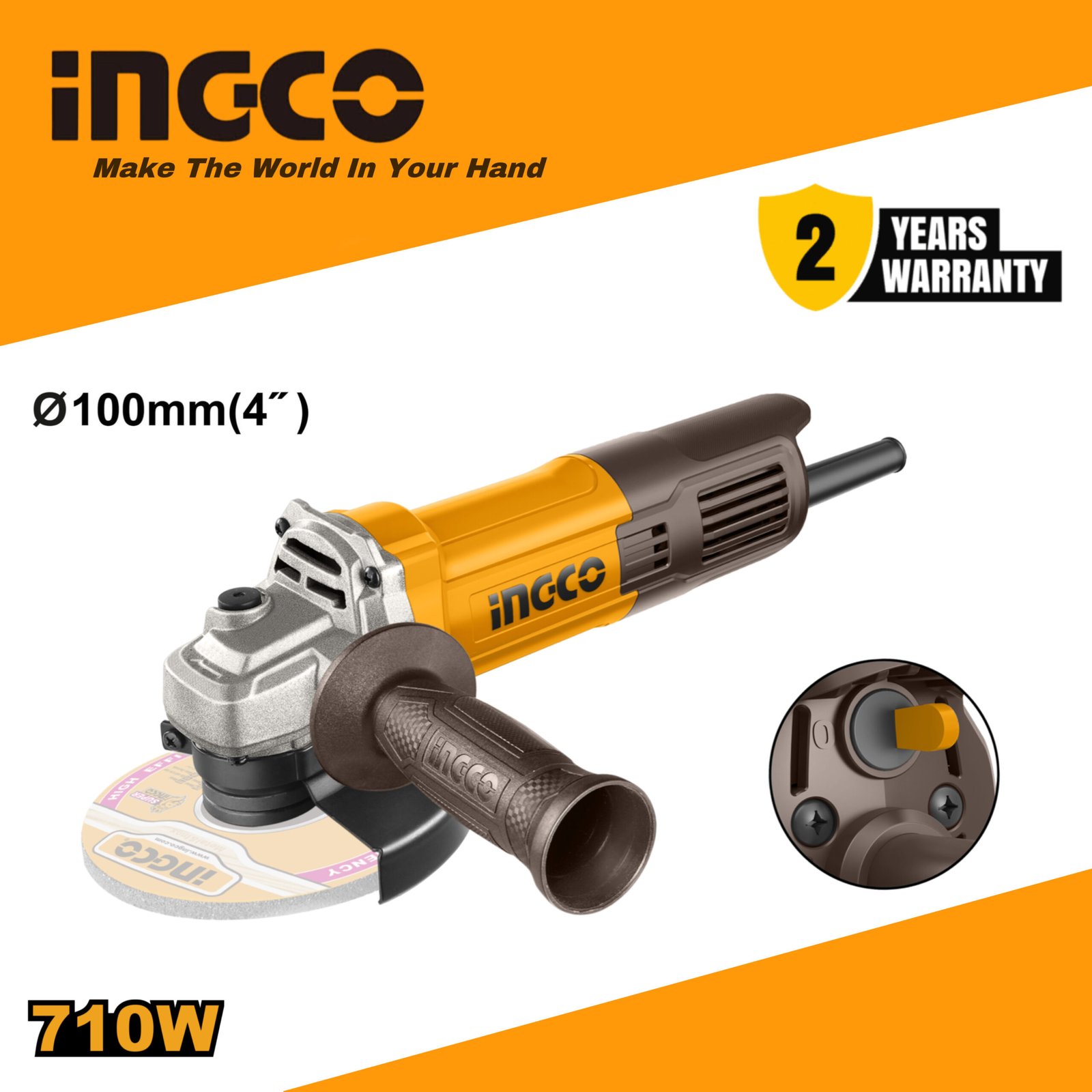 INGCO 710W Electric Angle Grinder 100mm (AG71182) with Auxiliary Handle – Cutting & Grinding Tool