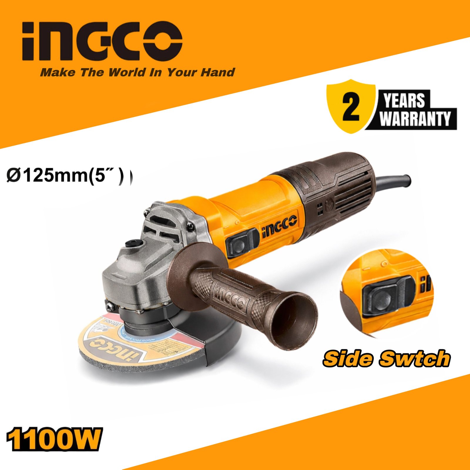 INGCO 1100W Electric Angle Grinder 125mm (AG110028) with Auxiliary Handle – Cutting & Grinding Tool