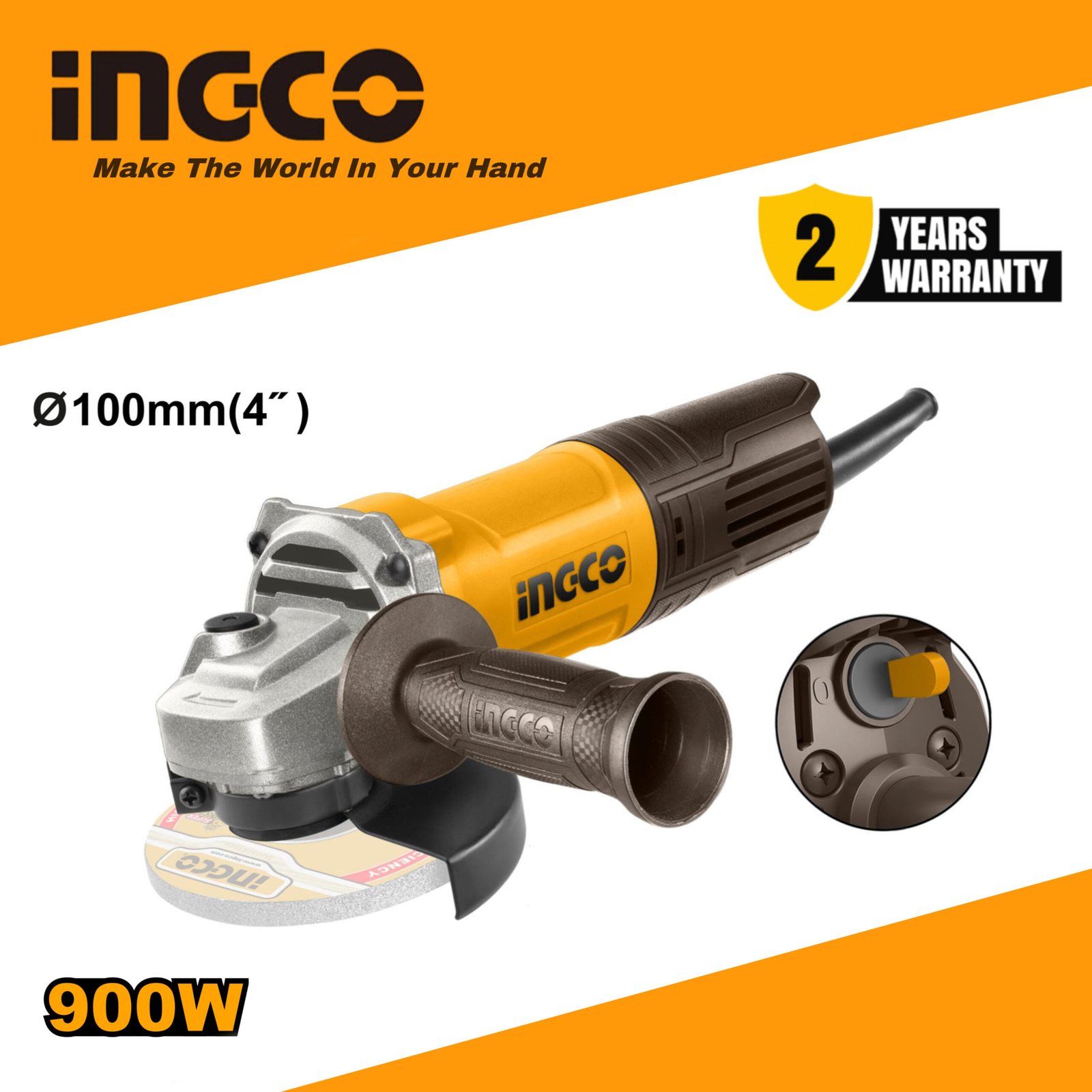 INGCO 900W Electric Angle Grinder 100mm (AG900282) with Auxiliary Handle – Cutting & Grinding Tool