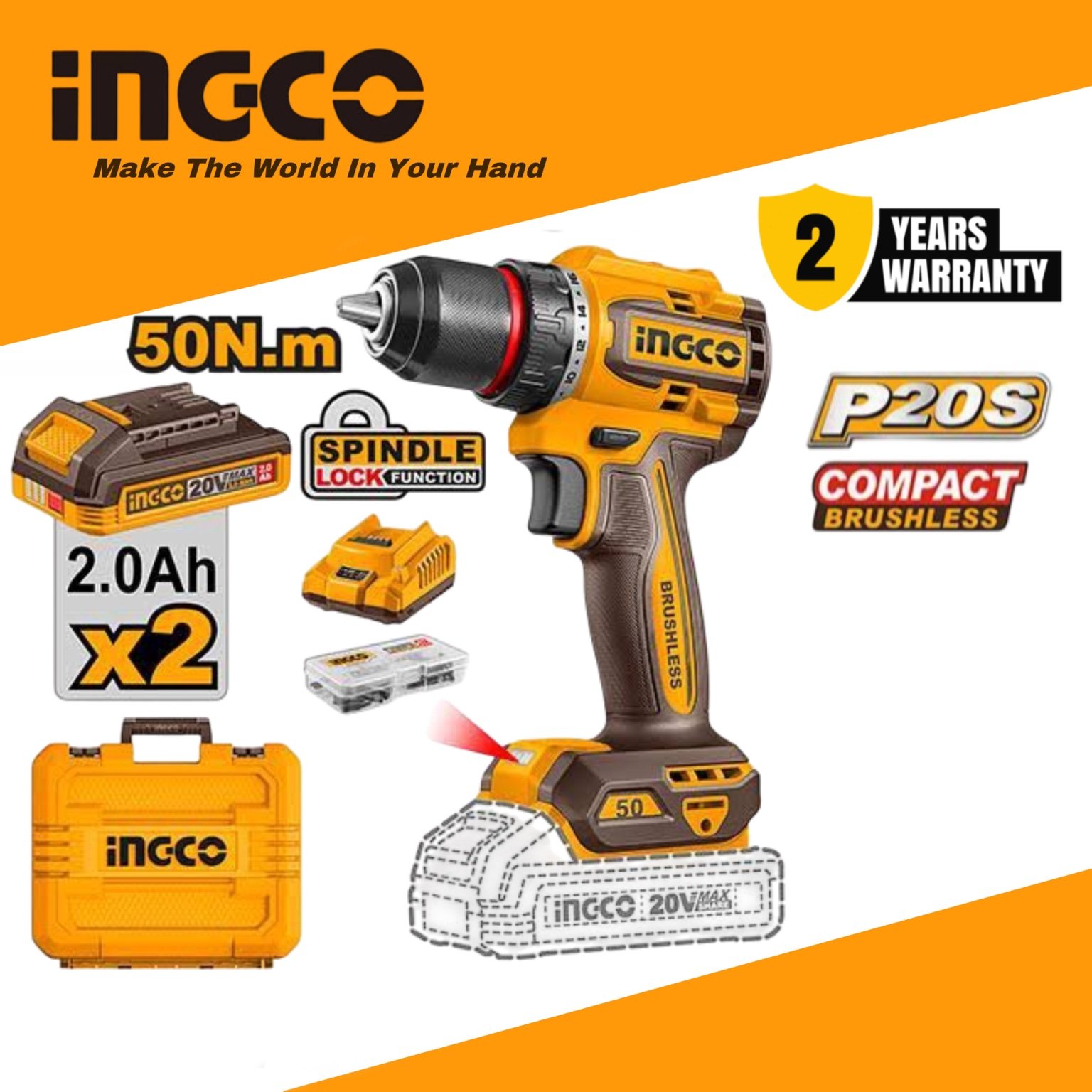 INGCO Cordless Drill 20V - INGCO Compact Brushless Cordless Drill (CDLI205062) – Ingco 20V Battery Drill