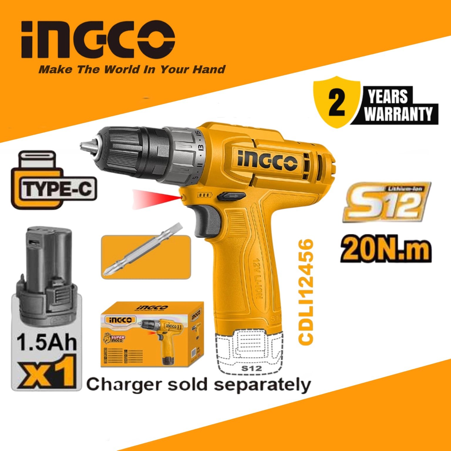 INGCO Cordless Drill 12V - INGCO Cordless Drill (CDLI12456) – Ingco 12V Battery Drill
