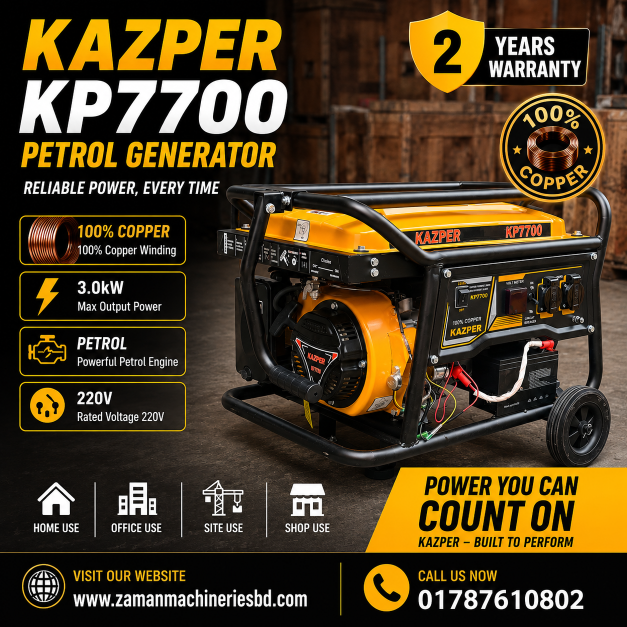 Kazper 3KW Self Start Petrol Generator - 3000 watts Kazper Generator KP7700